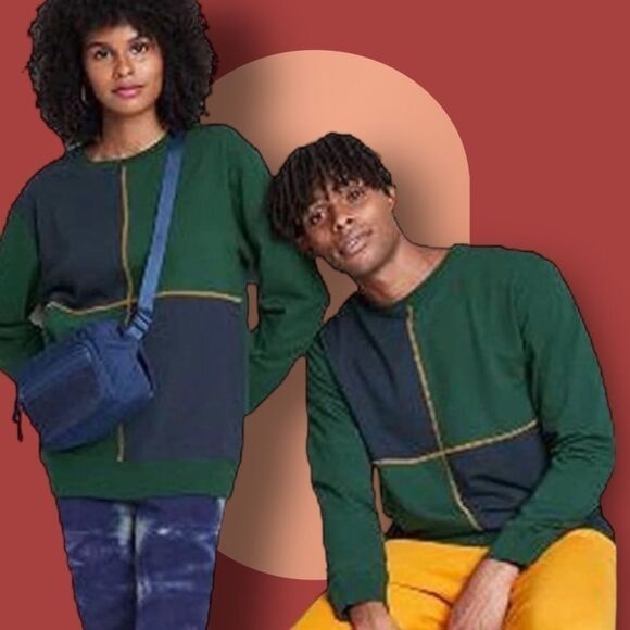 Y2K Colorblock Sweatshirt Original Use S Patchwork Forest Green Navy Retro Indie - Picture 9 of 15
